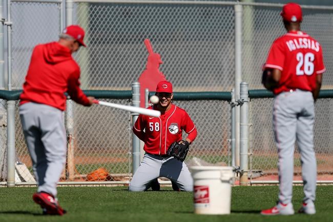 Cincinnati Reds special assistant Mario Soto, left, hits a baseball to Cincinnati Reds starting pitcher Luis Castillo (58) during drills, Monday, Feb. 17, 2020, at the baseball team's spring training facility in Goodyear, Ariz. (Kareem Elgazzar/The Cincinnati Enquirer via AP)