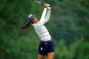 Celine Boutier from France follows through on her tee shot on the ninth hole during the second round of the LPGA Drive On Championship golf tournament at Inverness Golf Club in Toledo, Ohio, Saturday, Aug. 1, 2020. (AP Photo/Gene J. Puskar)