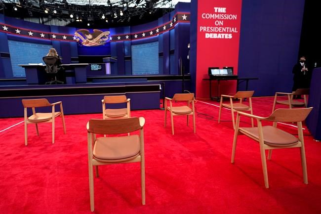 Chairs are seen in social distance spacing ahead of the first presidential debate between Republican candidate President Donald Trump and Democratic candidate former Vice President Joe Biden at the Health Education Campus of Case Western Reserve University, Tuesday, Sept. 29, 2020, in Cleveland. (AP Photo/Julio Cortez)