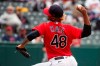 Cleveland Indians relief pitcher Emmanuel Clase delivers against the Detroit Tigers during the ninth inning of a baseball game in Cleveland, Sunday, April 11, 2021. Cleveland won 5-2. Eight games into a new season, the Indians, who began 2021 with questions about the back end of their bullpen, now seem to have found an answer in Clase, a harder-than-hard-throwing right-hander who came over in a 2019 trade from Texas and missed last season due to a drug suspension. (AP Photo/Phil Long)