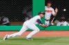 Cleveland Indians' Greg Allen makes a diving catch during the seventh inning of a baseball game, Sunday, Aug. 23, 2020, in Cleveland. (AP Photo/Ron Schwane)
