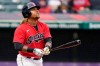 Cleveland Indians' Jose Ramirez watches his triple in the fourth inning of a baseball game against the New York Yankees, Saturday, April 24, 2021, in Cleveland. (AP Photo/Tony Dejak)
