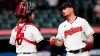 Cleveland Indians relief pitcher Nick Wittgren, right, is congratulated by catcher Austin Hedges after the Indians defeated the Cincinnati Reds 9-2 in a baseball game Saturday, May 8, 2021, in Cleveland. (AP Photo/Tony Dejak)