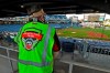 Mike Hahn, a member of the Disinfecting Team, at PNC Park in Pittsburgh, takes a break to watch a baseball game between the Pittsburgh Pirates and the Milwaukee Brewers, Tuesday, July 28, 2020. (AP Photo/Gene J. Puskar)
