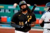 Pittsburgh Pirates' Josh Bell reacts after striking out against Cleveland Indians starting pitcher Shane Bieber in the first inning of a baseball game in Pittsburgh, Thursday, Aug. 20, 2020. (AP Photo/Gene J. Puskar)