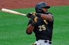Pittsburgh Pirates Gregory Polanco singles off Pirates pitcher Joe Musgrove during the team's intrasquad baseball game at PNC Park in Pittsburgh, Monday, July 13, 2020. (AP Photo/Gene J. Puskar)