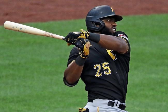 Pittsburgh Pirates Gregory Polanco singles off Pirates pitcher Joe Musgrove during the team's intrasquad baseball game at PNC Park in Pittsburgh, Monday, July 13, 2020. (AP Photo/Gene J. Puskar)