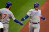 Chicago Cubs' Ian Happ, right, is greeter by on-deck batter Kris Bryant, left, after hitting a solo home run against the Pittsburgh Pirates in the first inning of a baseball game, Tuesday, Sept. 1, 2020, in Pittsburgh. (AP Photo/Keith Srakocic)