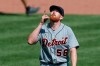 Detroit Tigers starting pitcher Spencer Turnbull points skyward after getting Pittsburgh Pirates' JT Riddle to ground out for the last out of the sixth inning of a baseball game, Sunday, Aug. 9, 2020, in Pittsburgh. (AP Photo/Keith Srakocic)