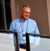 Major League Baseball commissioner Rob Manfred watches as the Pirates take on the Tigers Saturday, March 20, 2021, at Publix Field at Joker Marchant Stadium in Lakeland, Fla. (Matt Freed /Pittsburgh Post-Gazette via AP)