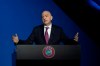 FIFA President Gianni Infantino addresses a meeting of European soccer leaders at the congress of the UEFA governing body in Amsterdam's Beurs van Berlage, Netherlands, Tuesday, March 3, 2020. (AP Photo/Peter Dejong)