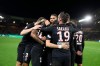 PSG players celebrate soaring their side's second goal during the League One soccer match between Nantes and Paris-Saint-Germain, in Nantes, western France, Tuesday, Feb. 4, 2020. (AP Photo/David Vincent)