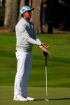 Rickie Fowler reacts after missing a putt on the 17th hole during the first round of the PGA Championship golf tournament at TPC Harding Park Thursday, Aug. 6, 2020, in San Francisco. (AP Photo/Jeff Chiu)