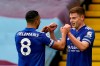 Leicester's Harvey Barnes, right, celebrates with Leicester's Youri Tielemans after scoring his sides second goal during the English Premier League soccer match between Aston Villa and Leicester City at Villa Park in Birmingham, England, Sunday, Feb. 21, 2021. (AP Photo/Tim Keeton, Pool)