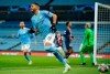 Manchester City's Riyad Mahrez celebrates after scoring his sides second goal during the Champions League semifinal second leg soccer match between Manchester City and Paris Saint Germain at the Etihad stadium, in Manchester, Tuesday, May 4, 2021. (AP Photo/Dave Thompson)