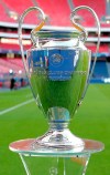 Trophy for the winners of the Champions League final soccer match between Paris Saint-Germain and Bayern Munich is placed on the pitch at the Luz stadium in Lisbon, Portugal, Sunday, Aug. 23, 2020. (Miguel A. Lopes/Pool via AP)