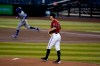 Arizona Diamondbacks starting pitcher Taylor Clarke, right, pauses on the mound after giving up a home run to Los Angeles Dodgers right fielder Mookie Betts, left, during the first inning of a baseball game Wednesday, Sept. 9, 2020, in Phoenix. (AP Photo/Ross D. Franklin)
