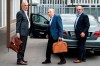 Former FIFA President Sepp Blatter, center, appears in front of the building of the Office of the Attorney General of Switzerland, on Tuesday, Sept.1, 2020, in Bern, Switzerland. Sepp Blatter and former UEFA president Michel Platini each face interrogation from the Swiss public prosecutor as part of the proceedings opened in 2015 over a payment of 2 million Swiss francs. (Peter Schneider/Keystone via AP)