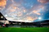 A colourful evening sky can be seen during a German Bundesliga soccer match between SC Freiburg and Hertha BSC Berlin in Freiburg , Germany, Tuesday, June 16, 2020. (Tom Weller/Pool via AP)