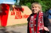 Union Berlin fan Helga Wischke turned up for her team's biggest Bundesliga game of the season against Bayern Munich, in Berlin, Sunday, May 17, 2020, despite the match going ahead without supporters and under strict hygiene measures due to fears over the coronavirus. 