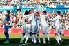 Real Madrid's Raphael Varane, third left, celebrates after scoring his side's opening goal during a Spanish La Liga soccer match between Getafe and Real Madrid at the Coliseum Alfonso Perez stadium in Getafe, Spain, Saturday, Jan. 4, 2020. (AP Photo/Paul White)