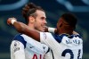 Tottenham's Gareth Bale, centre, celebrates with Tottenham's Serge Aurier after scoring his side's fourth goal during an English Premier League soccer match between Tottenham Hotspur and Burnley at the Tottenham Hotspur Stadium in London, England, Sunday, Feb. 28. 2021. (Matthew Childs/Pool via AP)