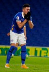 Brighton's Andi Zeqiri reacts after a miss during the English Premier League soccer match between Brighton and Wolverhampton Wanderers at the Amex stadium in Brighton, England, Saturday, Jan. 2, 2021. (John Sibley/Pool via AP)