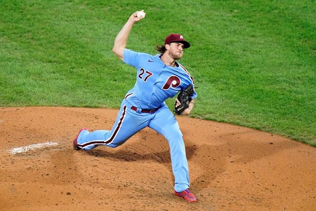 Philadelphia Phillies' Aaron Nola pithes during the third inning of a baseball game against the New York Mets, Thursday, Sept. 17, 2020, in Philadelphia. (AP Photo/Matt Slocum)