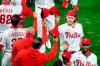 Philadelphia Phillies' Alec Bohm, right, celebrates with teammates after a baseball game against the New York Mets, Tuesday, Sept. 15, 2020, in Philadelphia. (AP Photo/Matt Slocum)