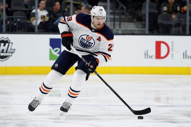 In this Feb. 26, 2020, file photo, Edmonton Oilers centre Leon Draisaitl (29) plays against the Vegas Golden Knights in an NHL hockey game in Las Vegas. Leon Draisaitl, Colorado Avalance forward Nathan MacKinnon and New York Rangers forward Artemi Panarin are the finalists for the 2019-20 Ted Lindsay Award.THE CANADIAN PRESS/AP/John Locher