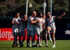 Toronto FC players celebrate a goal by Ayo Akinola (third from right) against D.C. United during MLS is Back tournament action in Orlando, Fla. on Monday, July 13, 2020. Toronto FC and the Montreal Impact renew their fierce rivalry Thurssday at the MLS is Back Tournament, with both teams needing points after disappointing results in their opening matches. THE CANADIAN PRESS/HO-Xavier Dussaq MANDATORY CREDIT