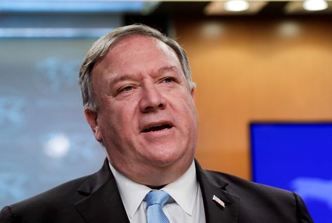 In this June 11, 2020, file photo, Secretary of State Mike Pompeo speaks at the State Department in Washington. Pompeo is calling on China to release two Canadian men that he says face