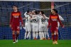 Spezia's Andrej Galabinov celebrates scoring with teammates during the Italian Cup, round of 16 soccer match between Roma and Spezia at the Olympic stadium in Rome, Tuesday, Jan. 19, 2021. (Alfredo Falcone/LaPresse via AP)