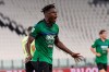Atalanta 's Duván Zapata celebrates after scoring during the Serie A soccer match between Juventus and Atalanta at the Allianz Stadium in Turin, Italy, Saturday, July 11, 2020. (Fabio Ferrari/LaPresse via AP)