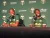 In this Jan. 22, 2020 photo, Diego Chara, left, and his younger brother Yimmi Chara, right, speak at the Portland Timbers’ MLS soccer media day at Providence Park in Portland, Ore. The brothers are playing together for the Portland Timbers this season. (AP Photo/Anne M. Peterson)
