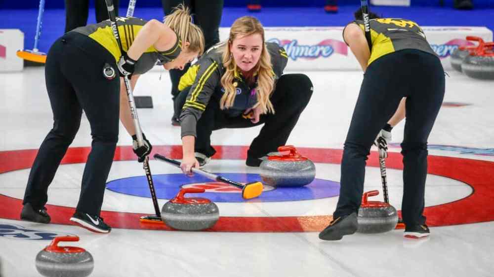 Team Wild Card 1 skip Chelsea Carey, centre, directs her team against Team Quebec at the Scotties Monday.THE CANADIAN PRESS/Jeff McIntosh