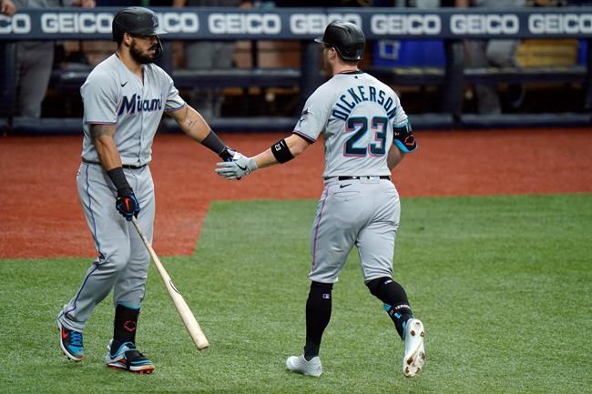 Miami Marlins' Corey Dickerson (23) celebrates his solo home run off Tampa Bay Rays' Josh Fleming with on-deck batter Jorge Alfaro during the third inning of a baseball game Friday, Sept. 4, 2020, in St. Petersburg, Fla. (AP Photo/Chris O'Meara)