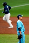 Toronto Blue Jays starting pitcher Hyun-Jin Ryu reacts as Tampa Bay Rays' Mike Zunino runs the bases after Zunino hit a two-run home run during the second inning of Game 2 of an American League wild-card baseball series Wednesday, Sept. 30, 2020, in St. Petersburg, Fla. (AP Photo/Chris O'Meara)