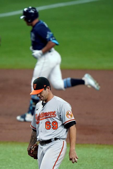 Baltimore Orioles starting pitcher Tommy Milone (69) reacts as Tampa Bay Rays' Hunter Renfroe runs around the bases following his two-run home run during the second inning of a baseball game Tuesday, Aug. 25, 2020, in St. Petersburg, Fla. (AP Photo/Chris O'Meara)