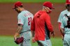 Philadelphia Phillies manager Joe Girardi takes starting pitcher Vince Velasquez (21) out of the game against the Tampa Bay Rays during the fifth inning of a baseball game Friday, Sept. 25, 2020, in St. Petersburg, Fla. (AP Photo/Chris O'Meara)
