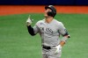 New York Yankees' Aaron Judge celebrates after hitting a two-run home run off Tampa Bay Rays pitcher Sean Gilmartin during the sixth inning of the first game of a doubleheader baseball game Saturday, Aug. 8, 2020, in St. Petersburg, Fla. (AP Photo/Chris O'Meara)