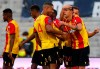 Lens' players celebrate a goal being scored, during the French League One soccer match between Lens and AS Saint Etienne in Lens, northern France, Saturday Oct. 3, 2020. (AP Photo/Michel Spingler)