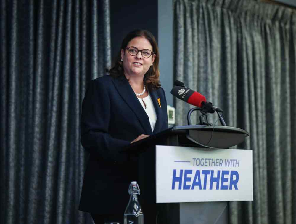 JESSICA LEE / WINNIPEG FREE PRESS
Heather Stefanson delivers remarks at the Conservative leaders debate at Norwood Hotel on Tuesday.