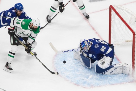 Dallas Stars' Jamie Benn is stopped by Tampa Bay Lightning goalie Andrei Vasilevskiy in NHL Stanley Cup finals action in Edmonton on Monday. THE CANADIAN PRESS/Jason Franson