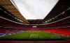 A view of an empty stadium before the World Cup 2022 group I qualifying soccer match between England and Poland at Wembley stadium in London, England, Wednesday, March 31, 2021. (Catherine Ivill, Pool via AP)