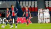 Manchester United players celebrate after Bruno Fernandes scored his side's opening goal from the penalty spot during the Champions League group H soccer match between Paris Saint-Germain and Manchester United at the Parc des Princes in Paris, France, Tuesday, Oct. 20, 2020. (AP Photo/Michel Euler)