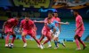 Manchester City's Phil Foden, second right, takes on the Real defence during the Champions League round of 16, second leg soccer match between Manchester City and Real Madrid at the Etihad Stadium in Manchester, England, Friday, Aug. 7, 2020. (AP Photo/Dave Thompson, Pool)