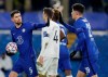 Chelsea's Jorginho, left, celebrates with Chelsea's Kai Havertz after scoring a goal during the Champions League Group E soccer match between Chelsea and Krasnodar at Stamford Bridge stadium in London Tuesday, Dec. 8, 2020. (AP Photo/Kirsty Wigglesworth, Pool)