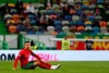 Portugal's Cristiano Ronaldo, right, sits on the pitch during the international friendly soccer match between Portugal and Spain at the Jose Alvalade stadium in Lisbon, Wednesday, Oct. 7, 2020. (AP Photo/Armando Franca)