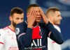 PSG's Kylian Mbappe reacts after missing a chance during the French League One soccer match between Paris Saint-Germain and Brest at the Parc des Princes in Paris, Saturday, Jan. 9, 2021. (AP Photo/Francois Mori)